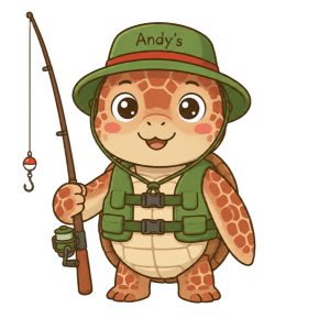 屋久島の自然ガイドAndy'sの公式キャラクター、釣りが好きでしっかり者のアカウミガメ「きゅう兵」